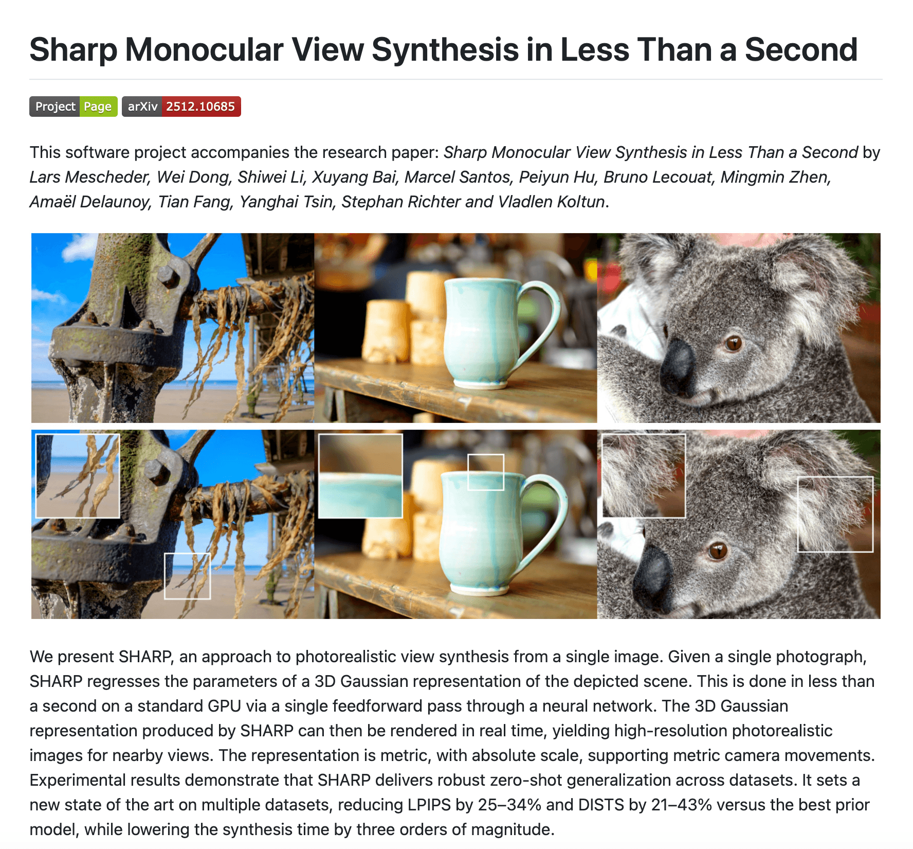 Results from SHARP: a single 2D image is converted into a 3D Gaussian Splat and rendered from novel viewpoints, demonstrating monocular 3D Gaussian view synthesis.