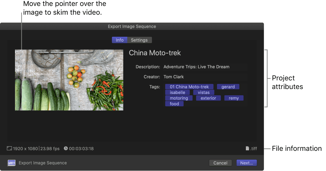 Final Cut Pro export image sequence interface used to convert a video into frames for ML-Sharp and 4D Gaussian Splatting.