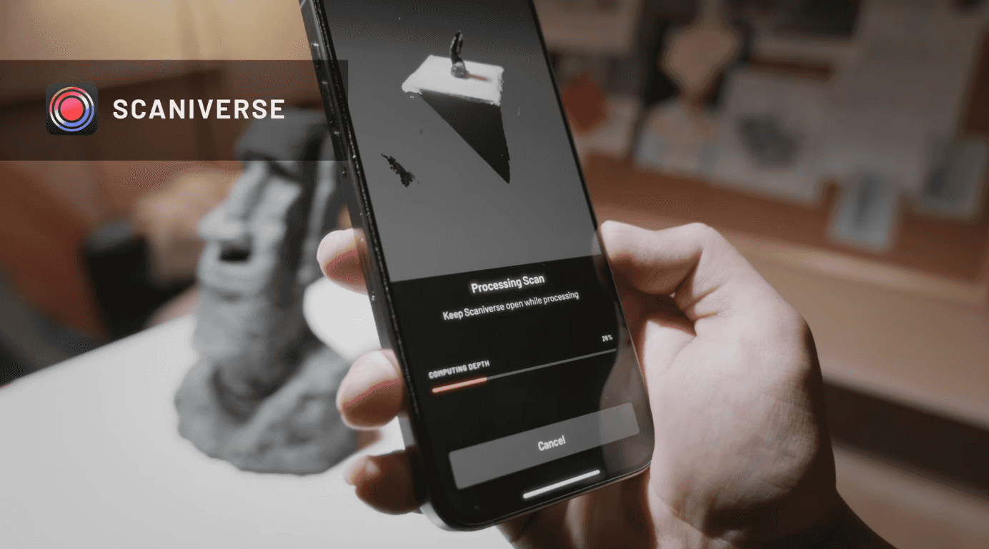 Scaniverse app screen showing a scan being processed on a phone, illustrating on-device/local processing for quick results.