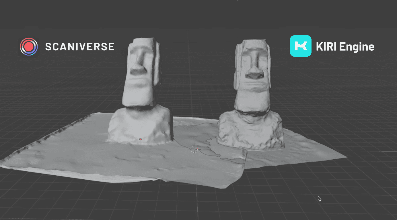 Side-by-side mesh comparison labeled Scaniverse and KIRI Engine, illustrating differences in mesh consistency and cleanup needs under similar capture conditions.