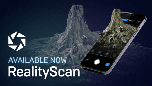 Promotional image for RealityScan showing a phone capture interface and a reconstructed tree stump, used in the PhotoScan-only section.