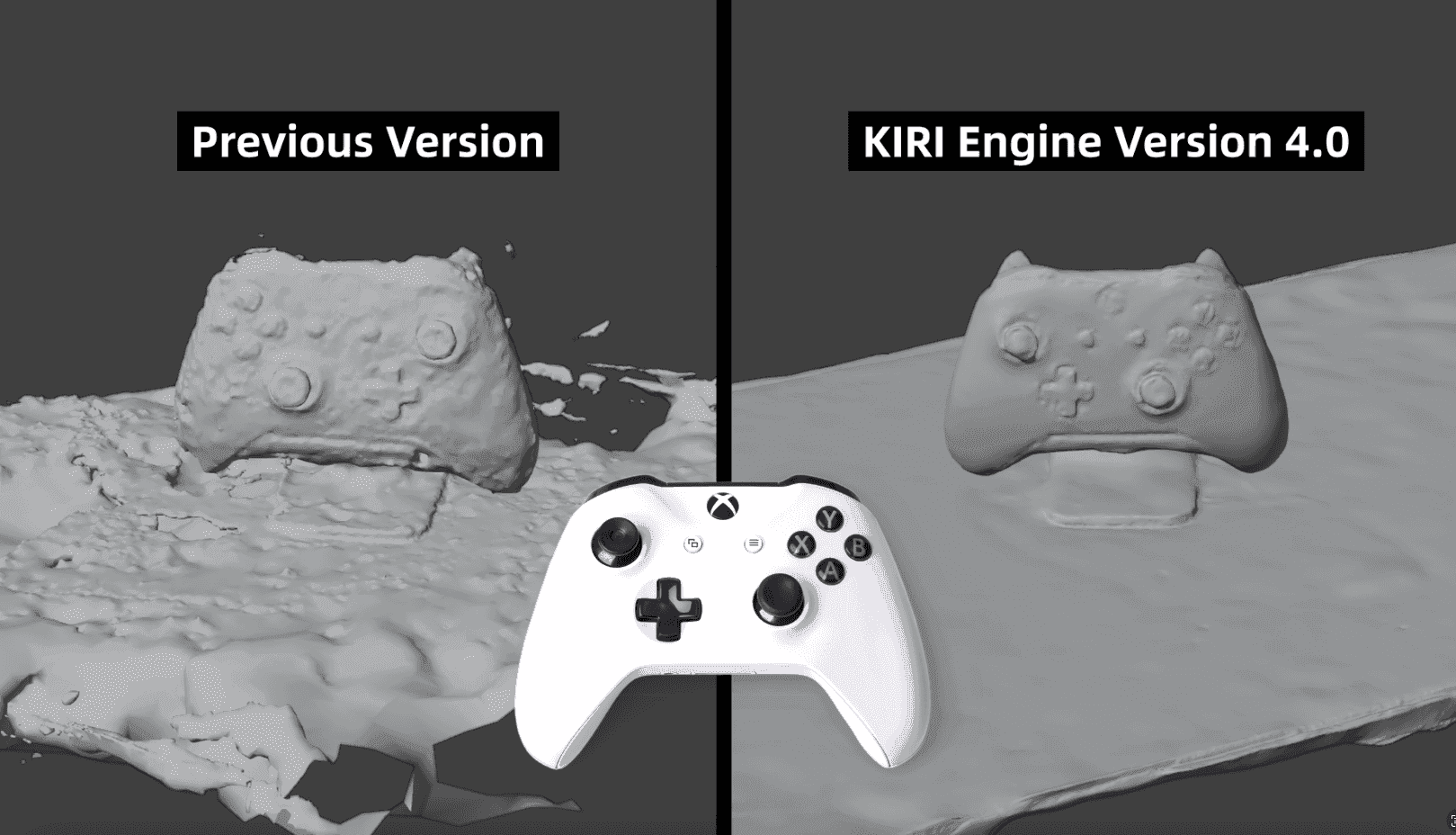 Comparison image labeled “Previous Version” vs “KIRI Engine Version 4.0” showing a PhotoScan mesh with improved surface consistency on a game controller model.