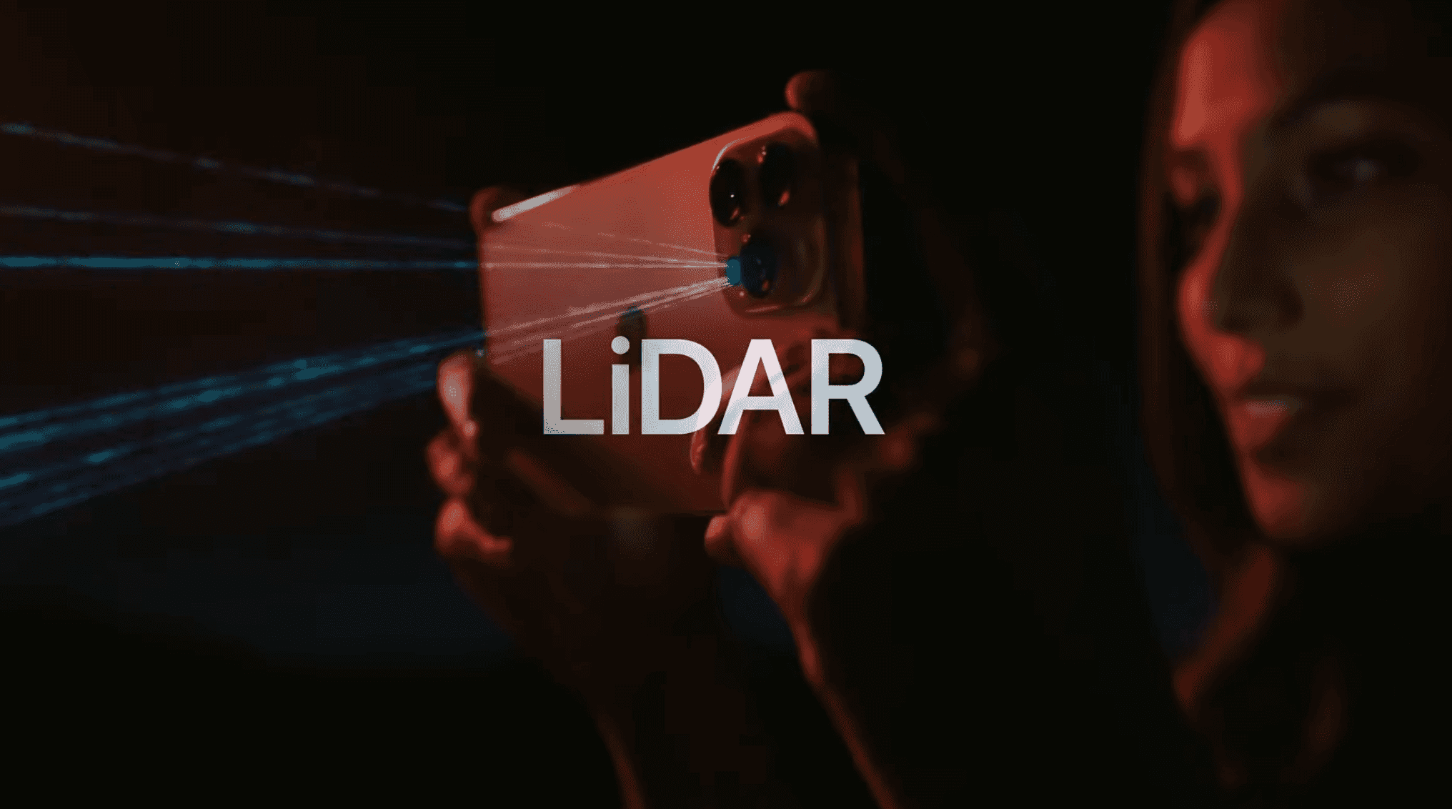 A person holding a phone with “LiDAR” text overlay and blue depth beams projecting outward, illustrating depth-based scanning.