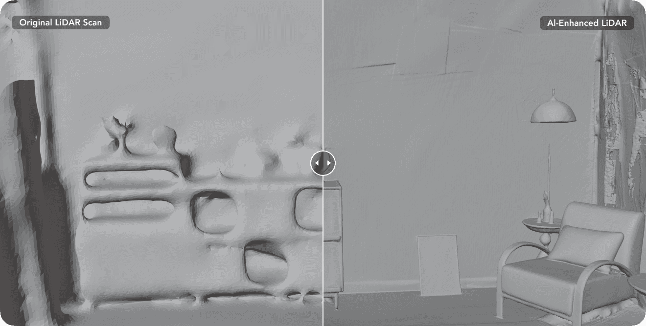 Side-by-side 3D room scan comparison labeled “Original LiDAR Scan” and “AI-Enhanced LiDAR,” showing a rough scan on the left and a cleaner room model with furniture on the right.
