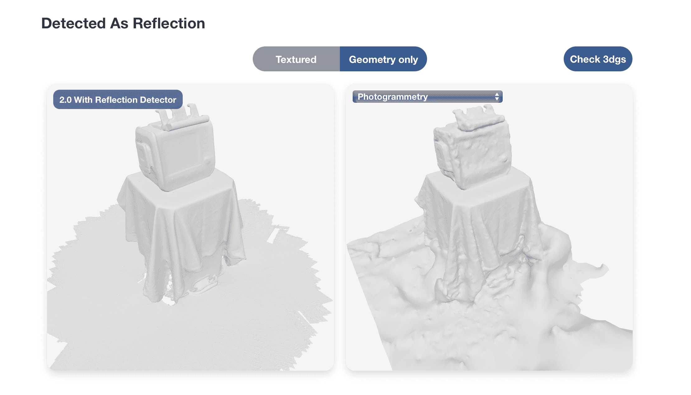 Side-by-side comparison of 3DGS to Mesh with reflection detection and photogrammetry on a reflective object