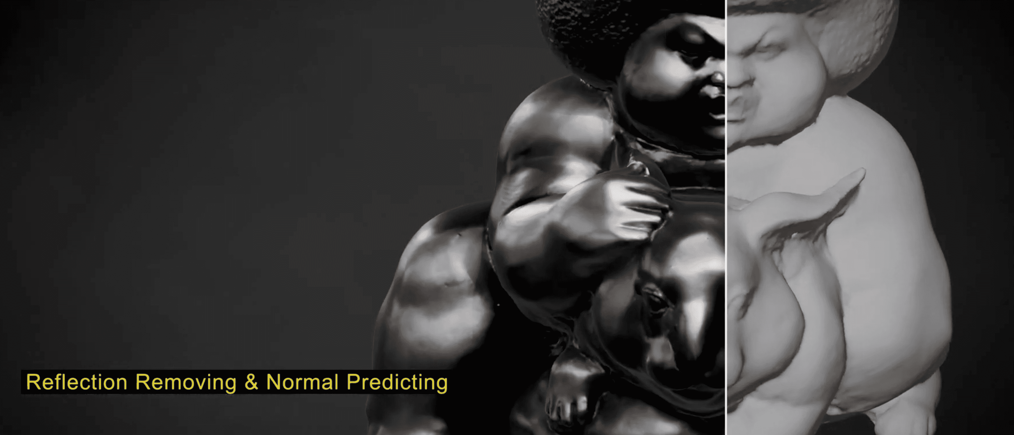 Example of KIRI Engine 3DGS to Mesh showing reflection removal and surface normal prediction on a glossy object