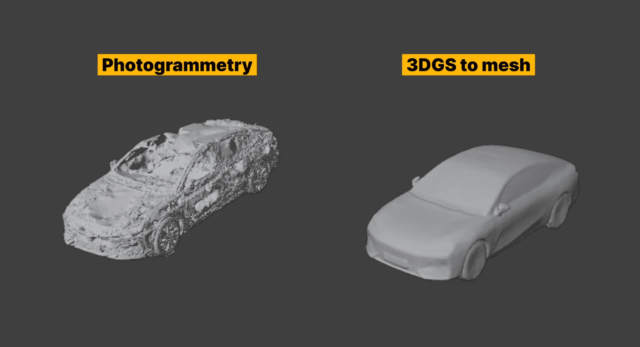 Comparison of photogrammetry and 3DGS to Mesh geometry showing cleaner surfaces suitable for UV mapping and textures