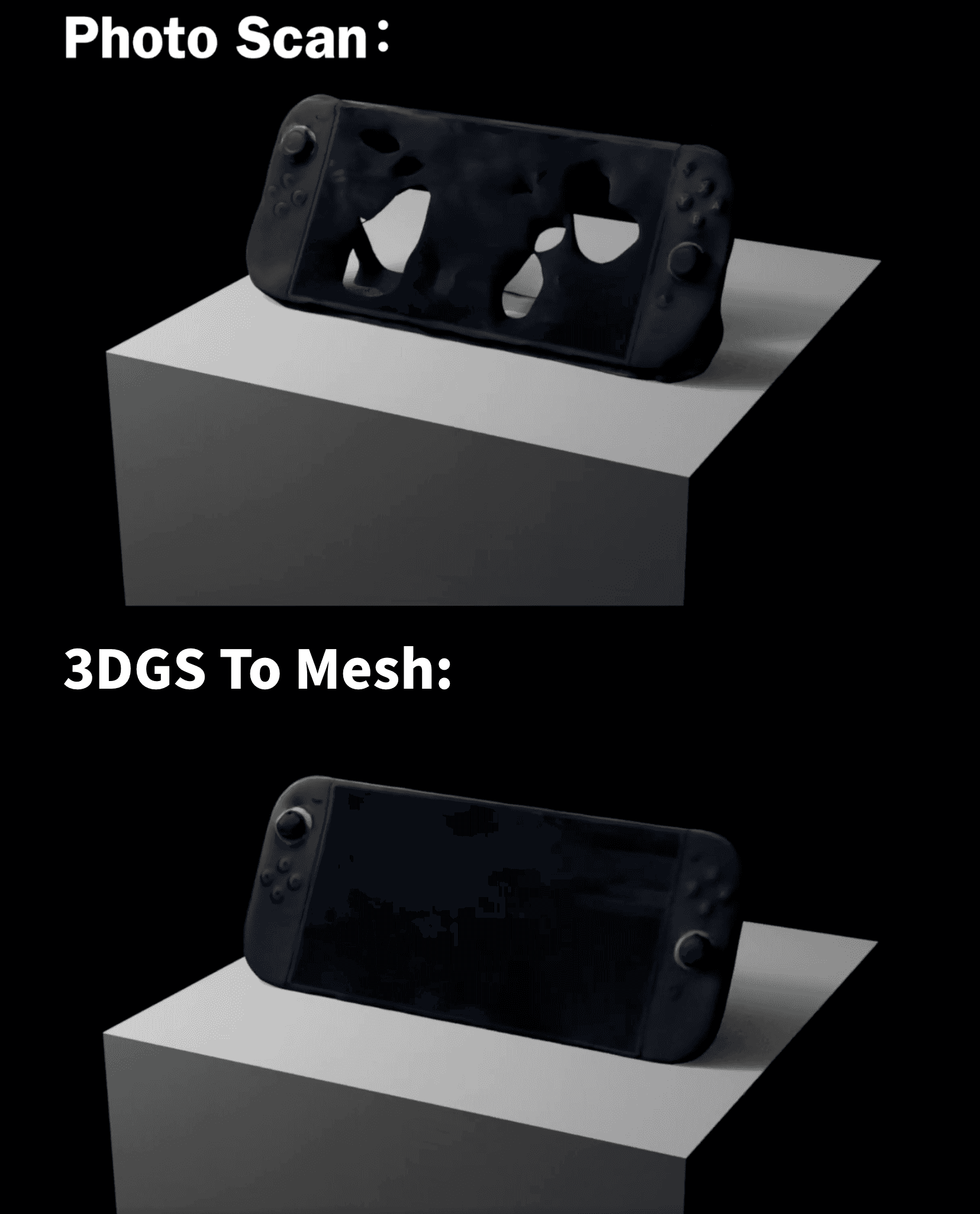 Comparison showing photogrammetry artifacts on a smooth reflective device versus cleaner 3DGS to Mesh reconstruction