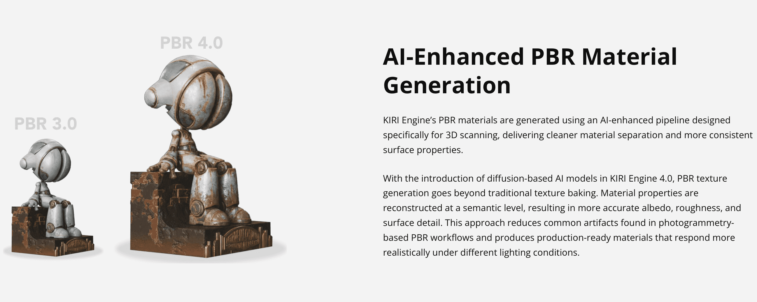 Comparison image showing KIRI Engine PBR 3.0 and PBR 4.0 material generation results on a scanned object, illustrating AI-enhanced PBR material reconstruction for Photo Scan assets.