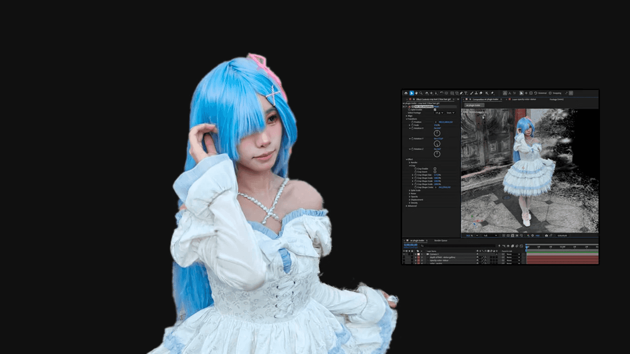 A Gaussian Splat character imported into Adobe After Effects using the KIRI Engine plugin, showing the 3D scan alongside the AE editing workflow.