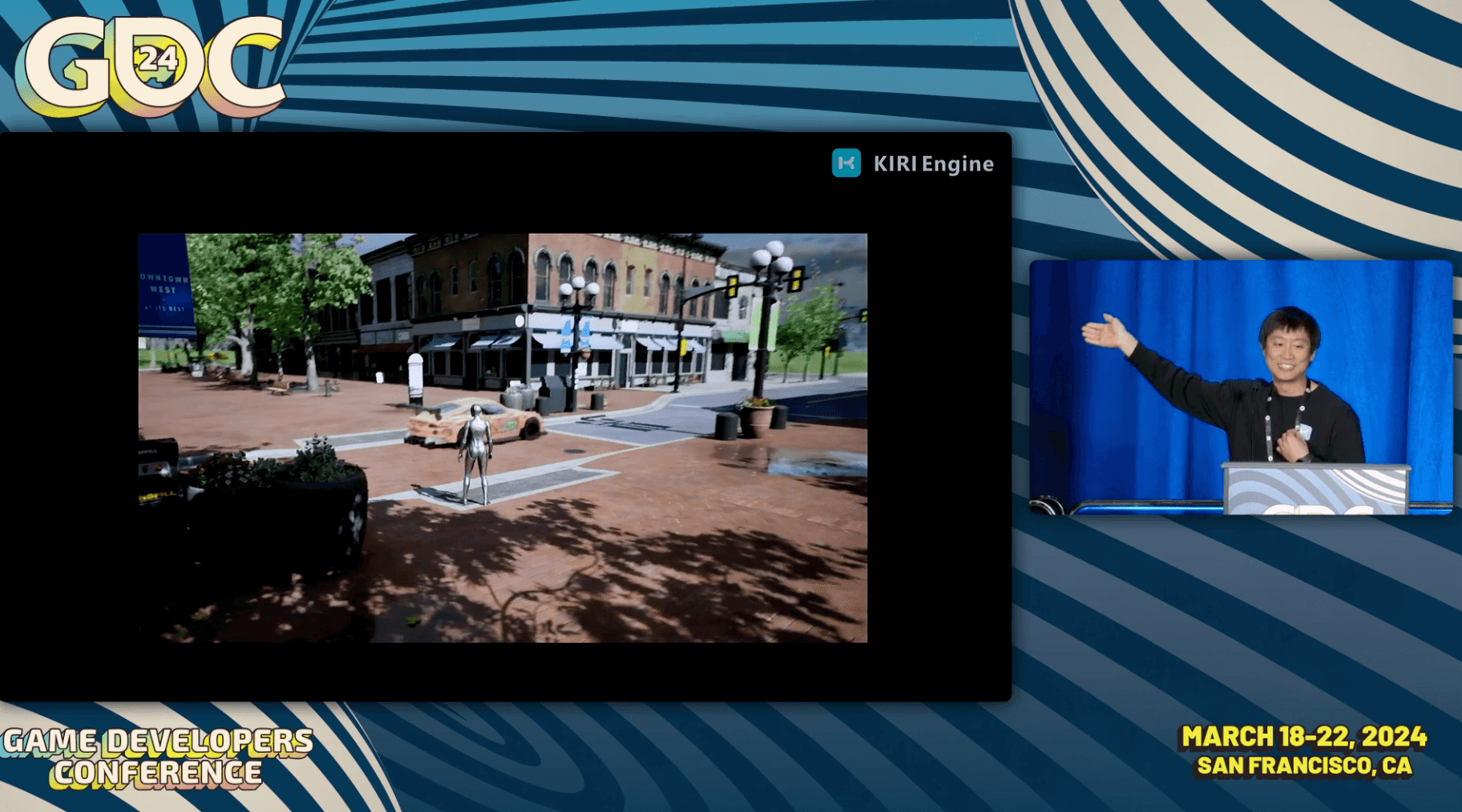 A GDC 2024 presentation slide from KIRI Engine showing 3D Gaussian Splatting running inside a game engine, with a speaker presenting on stage.