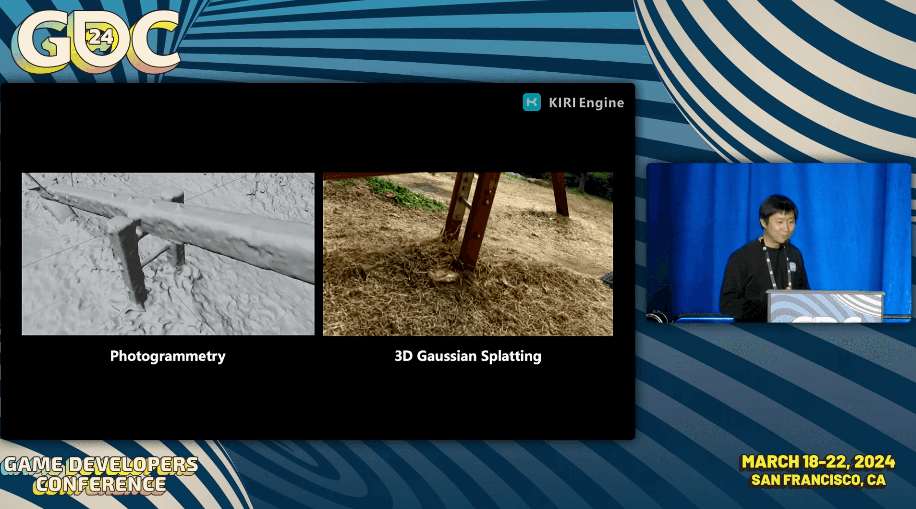 A slide from KIRI Engine’s GDC 2024 talk about using 3D Gaussian Splatting in games, showing photogrammetry and 3DGS examples alongside a speaker on stage.