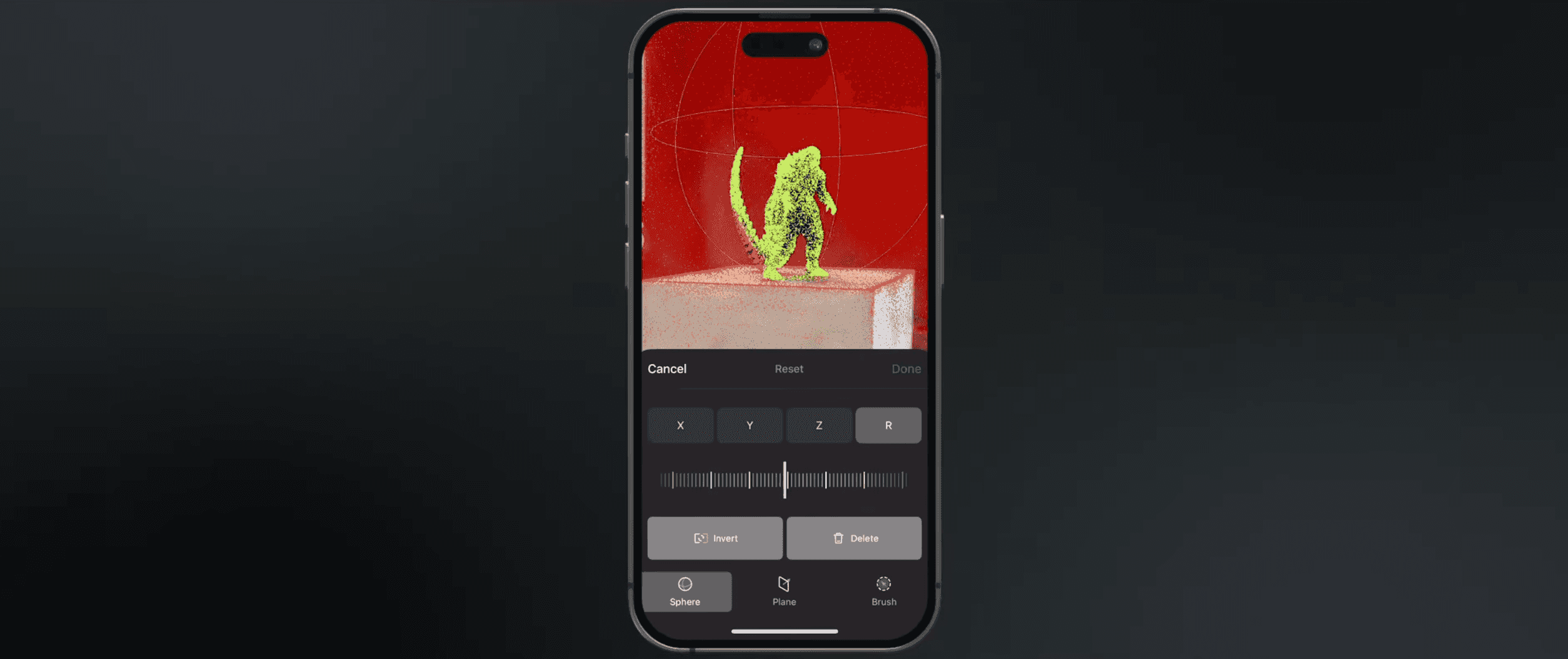 KIRI Engine iPhone app showing the 3DGS editing interface with the  Sphere crop tool active, isolating a Godzilla figure inside a  spherical selection with axis rotation controls visible
