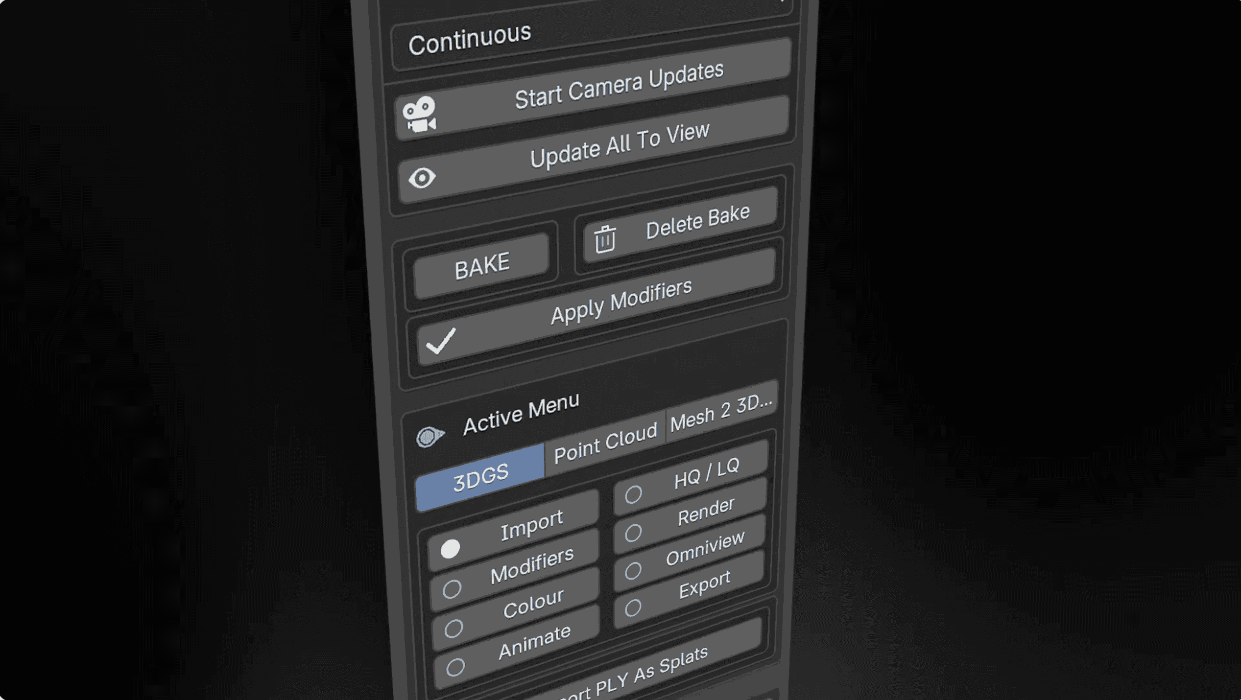 KIRI Engine 3DGS Render Add-on control panel inside Blender, showing  the 3DGS mode selected with options for Import, Render, Modifiers,  Colour, Export, and camera baking controls