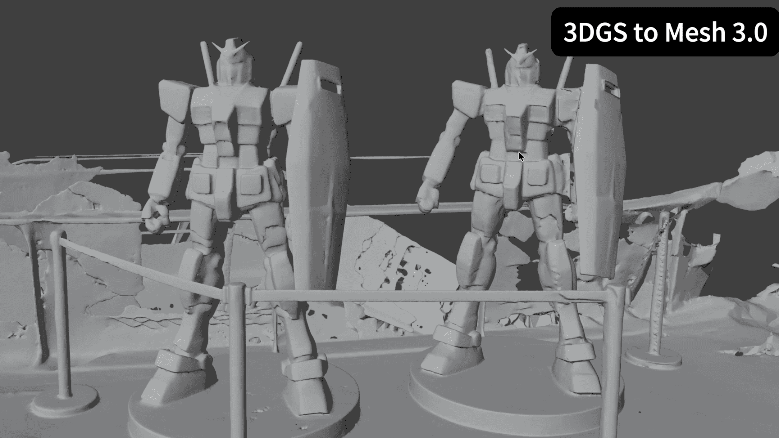 Two Gundam figure polygon meshes generated by KIRI Engine's 3DGS to  Mesh 3.0, showing detailed geometry output from a 3D Gaussian Splat  conversion