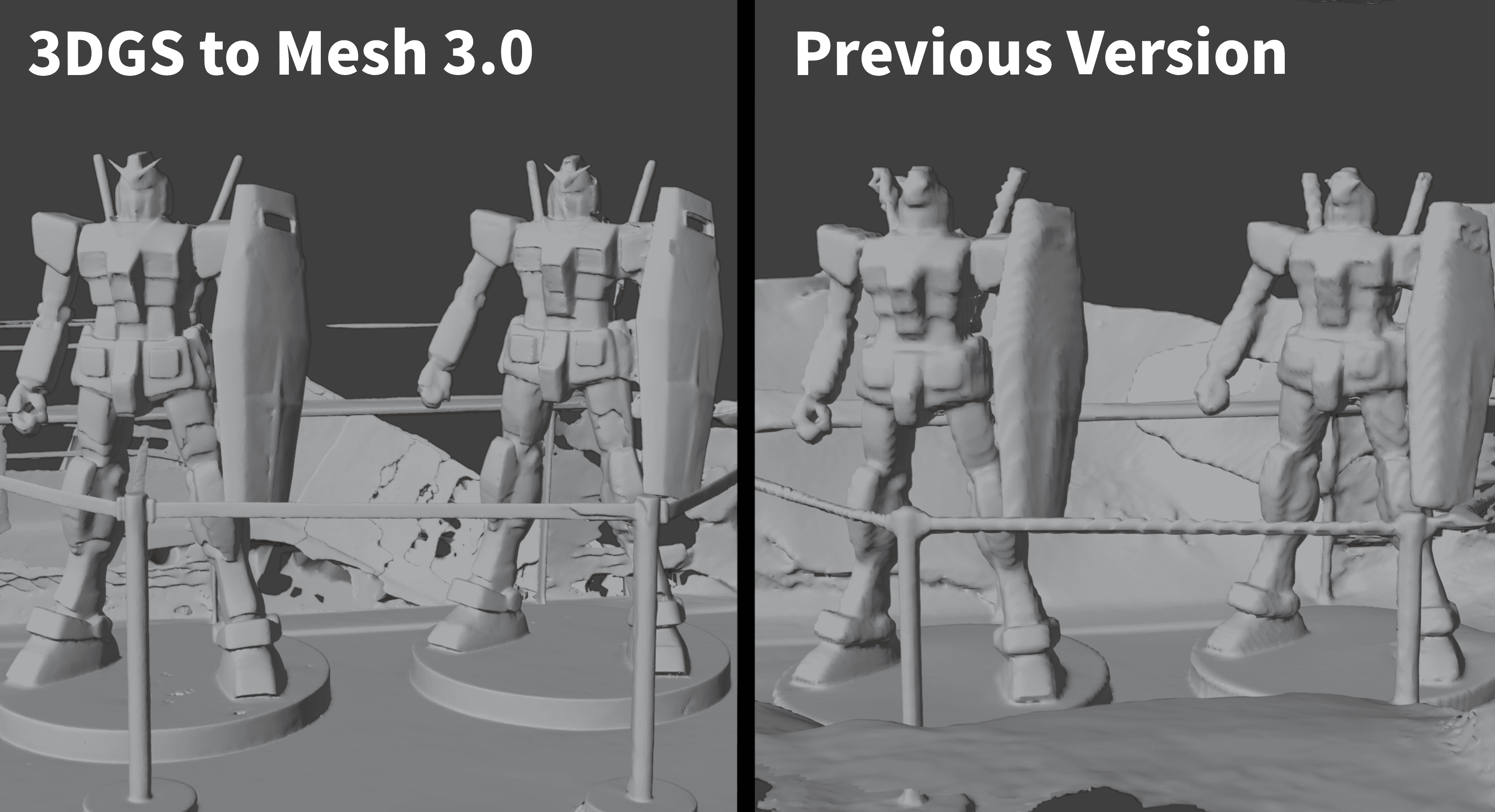 Side-by-side mesh comparison of a Gundam figure scan, with 3DGS to Mesh 3.0 on the left and the previous version on the right
