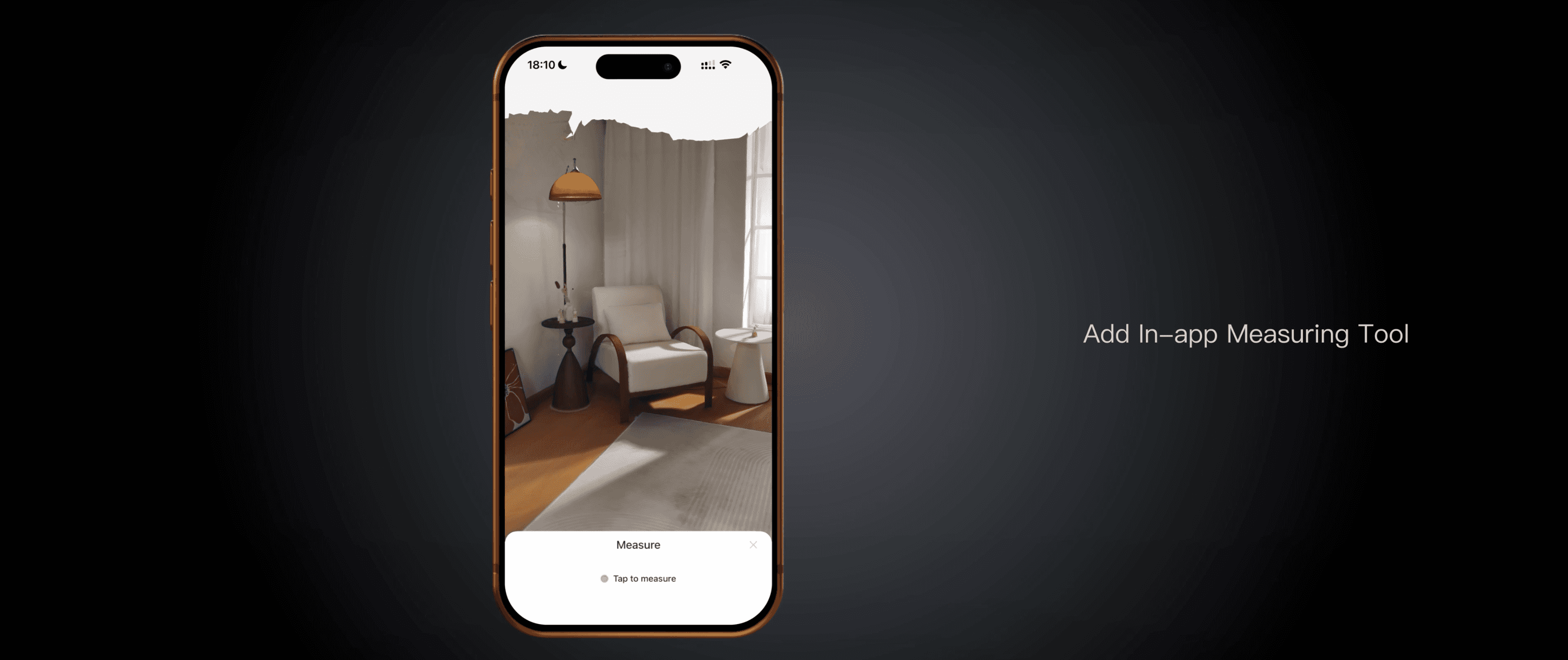 KIRI Engine 4.2 interface showing the in-app measuring tool on a room scan inside a smartphone screen