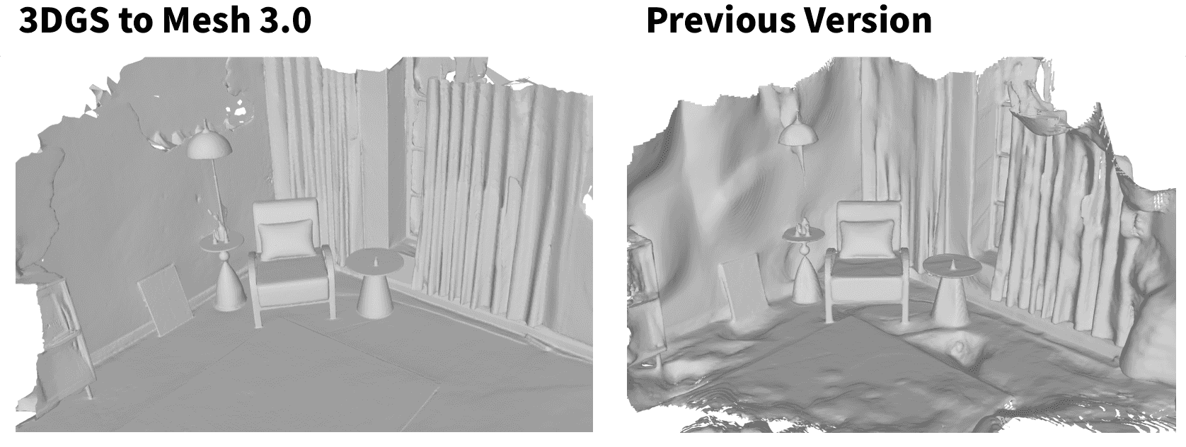 Side-by-side comparison of a living room mesh scan, showing 3DGS to Mesh 3.0 on the left and the previous version on the right