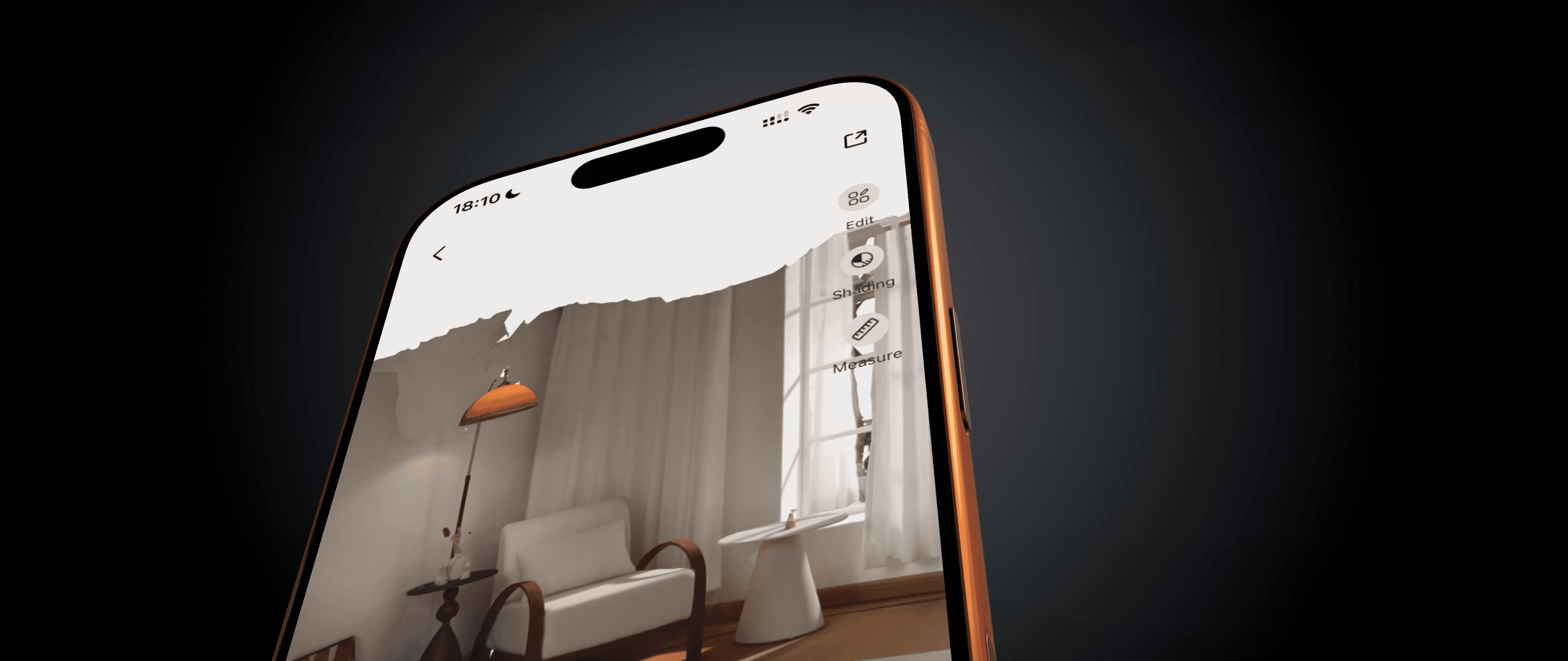 Close-up of the KIRI Engine 4.2 interface showing the Measure tool on a room scan inside a smartphone screen