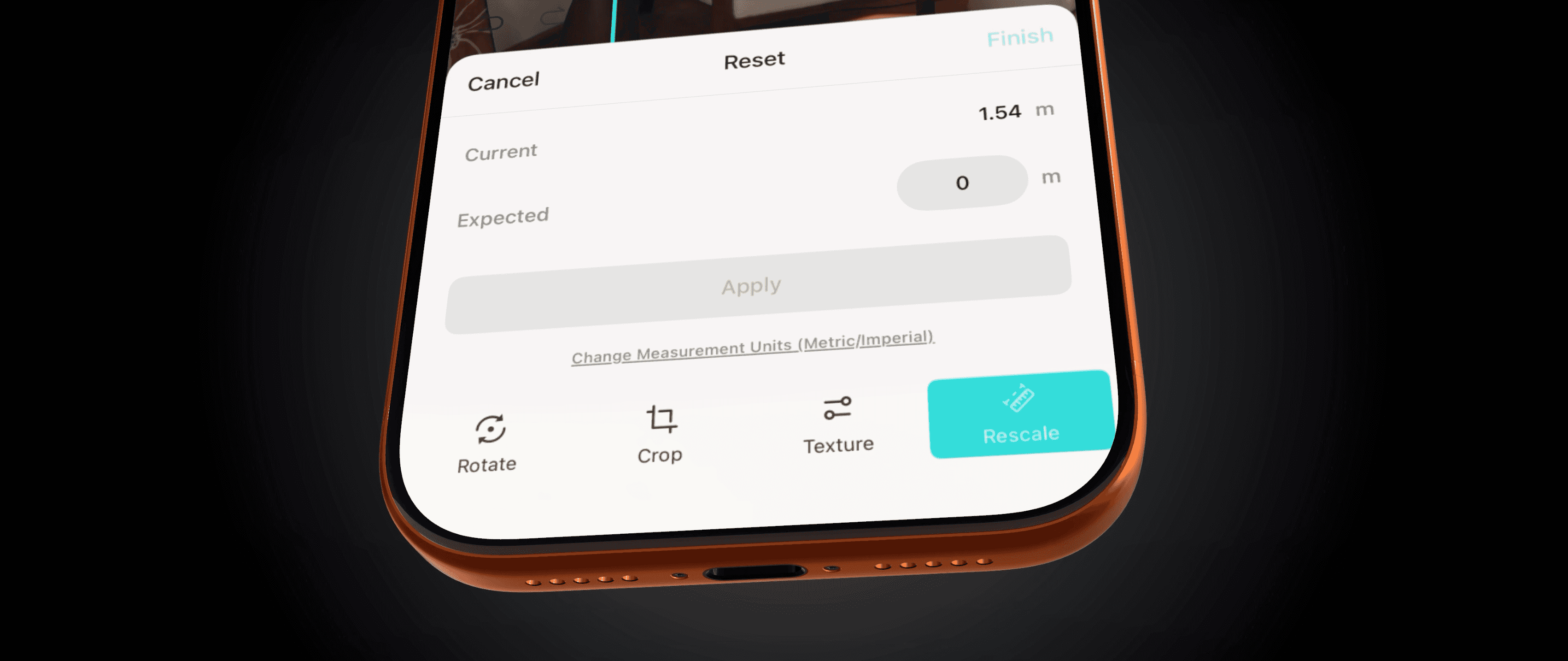 Close-up of the KIRI Engine 4.2 interface showing the Rescale tool and manual size input fields on a smartphone screen