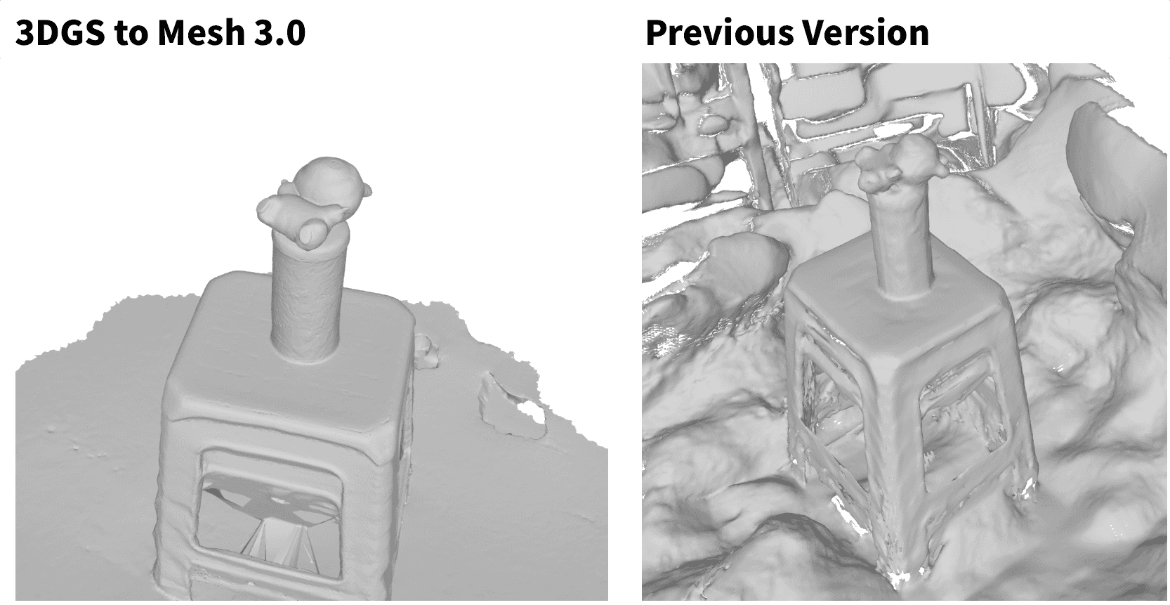 Side-by-side mesh comparison of a small object placed on top of a stool, showing 3DGS to Mesh 3.0 on the left and the previous version on the right
