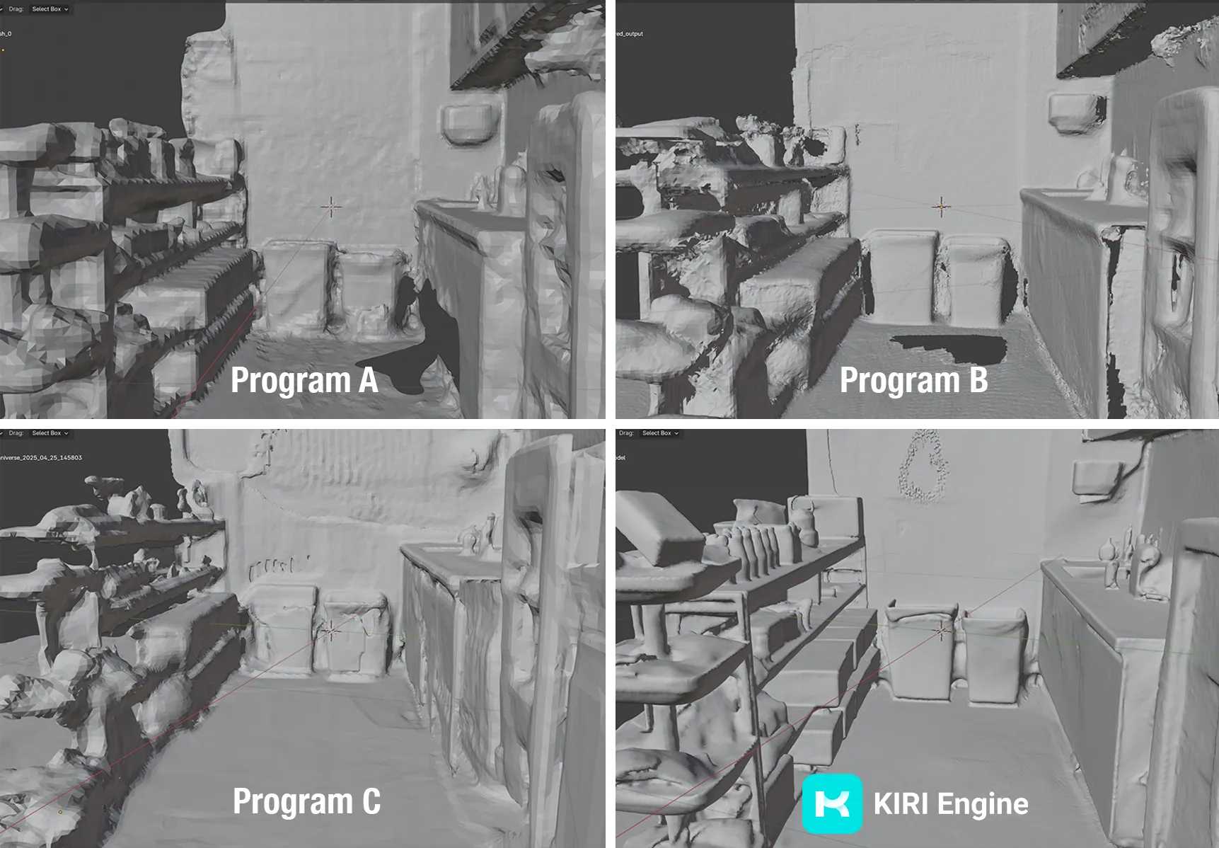 Indoor Scene Scan processing comparison showing KIRI Engine AI-Enhanced LiDAR output