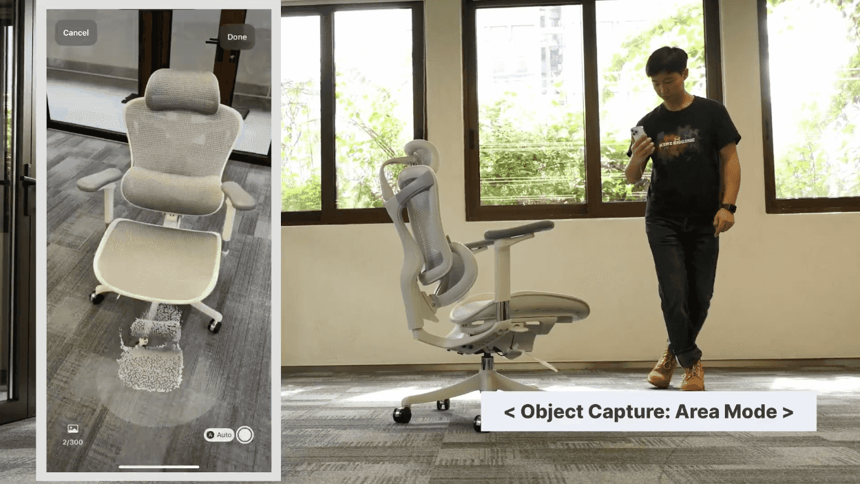 KIRI Engine Area Mode capturing a chair and surrounding area with iPhone LiDAR