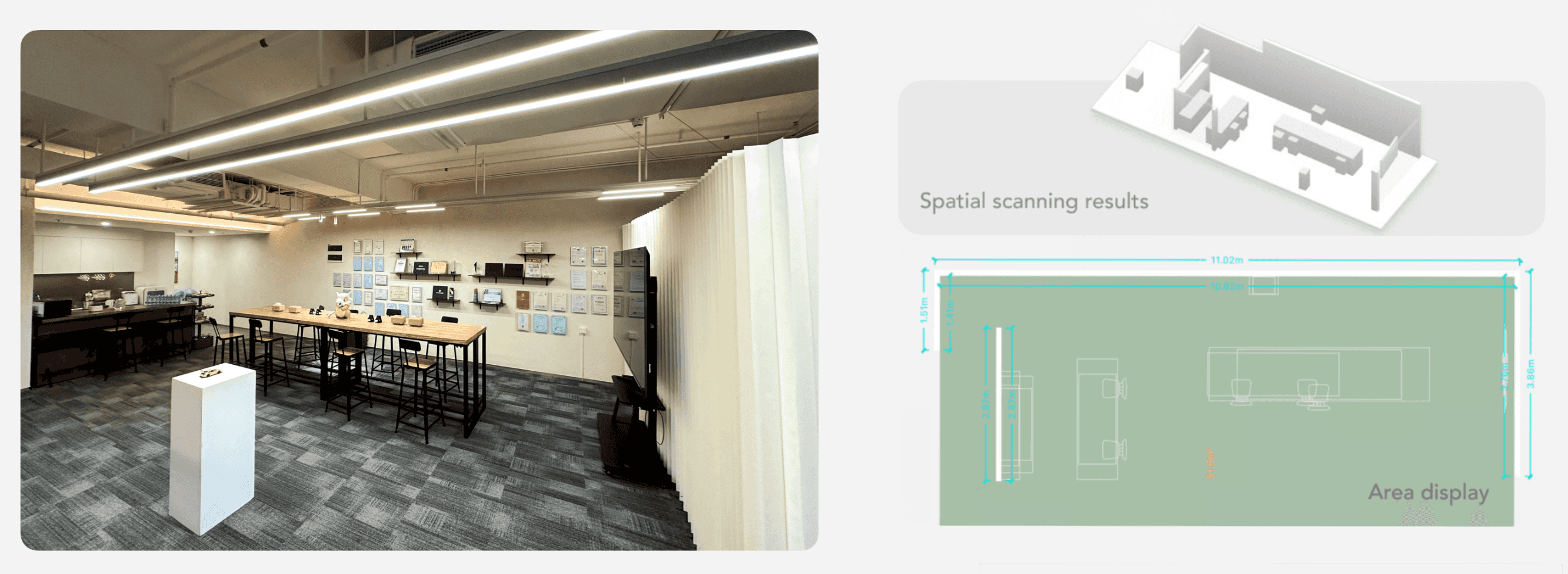 KIRI Engine LiDAR Room Scan showing a room and generated floor plan with dimensions