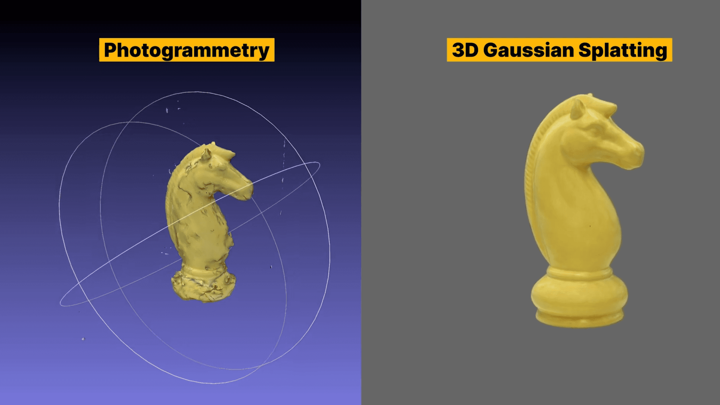 The same chess knight scanned with photogrammetry (left) and 3DGS  (right). Photogrammetry struggles with smooth, low-texture surfaces.  3DGS handles them cleanly.