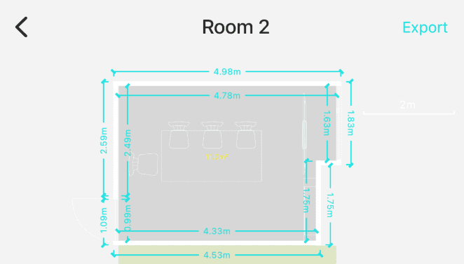 KIRI Engine Room Scan 2D floor plan with room measurements and area display
