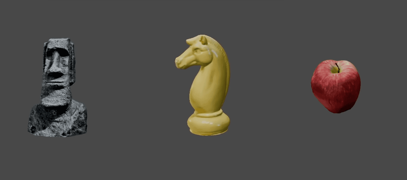 hree 3D models created with KIRI Engine: a Moai stone figurine, a yellow chess knight, and a red apple — examples of objects scanned with Photo Scan and Featureless Object Scan