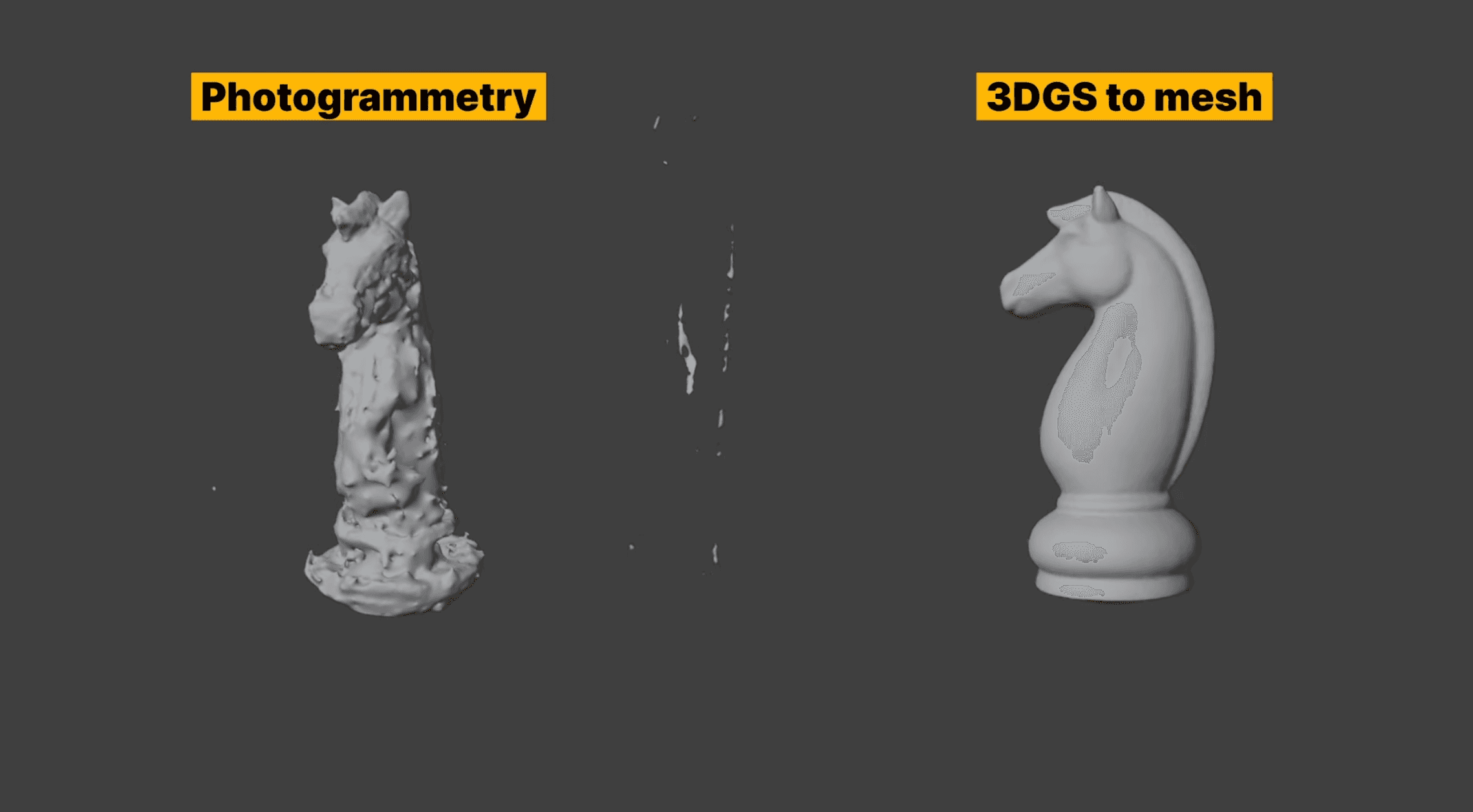 Side-by-side comparison showing rough photogrammetry mesh versus smooth 3DGS to Mesh reconstruction