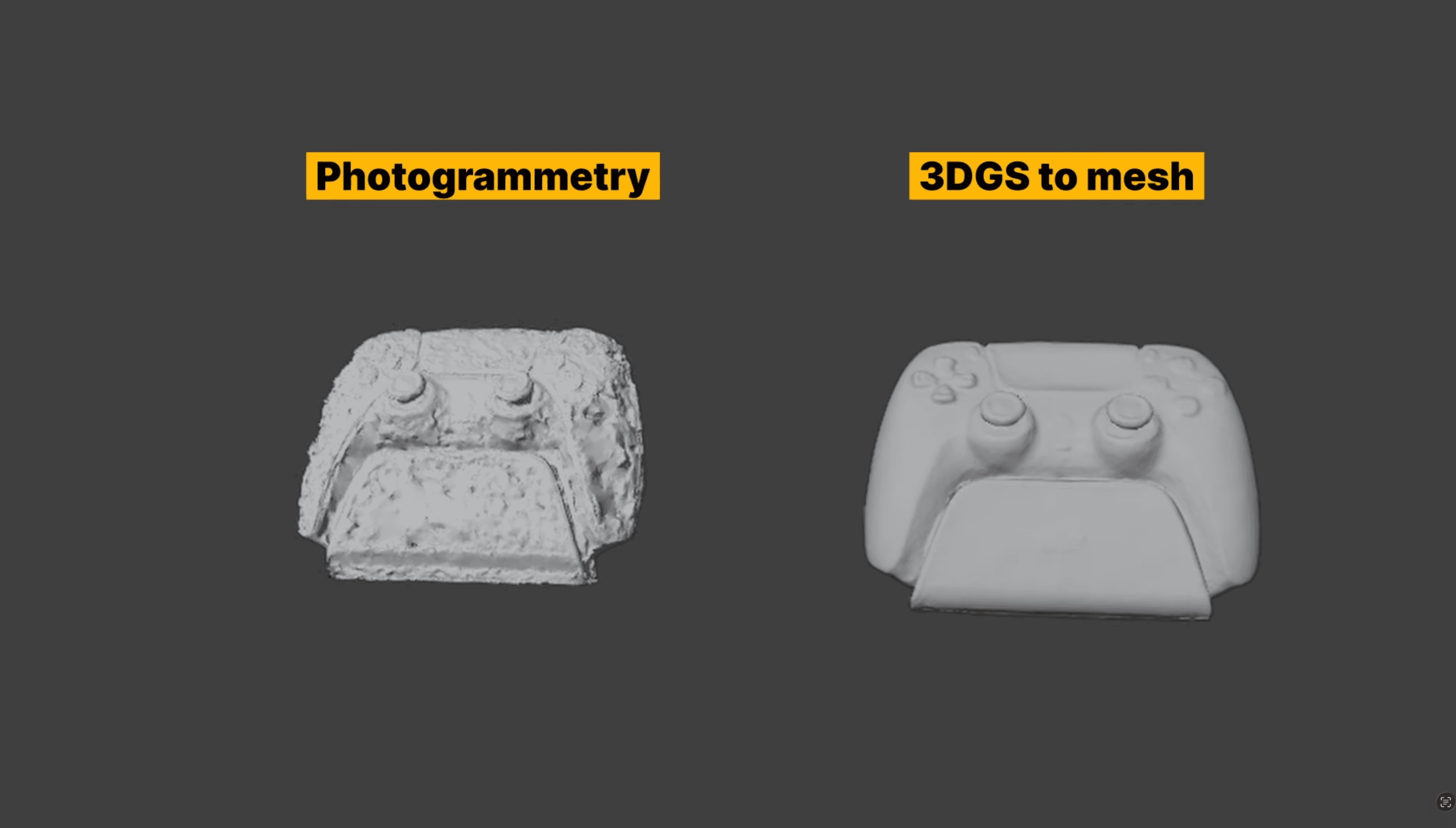 Side-by-side comparison of rough photogrammetry mesh and smooth 3DGS to Mesh reconstruction of a game controller